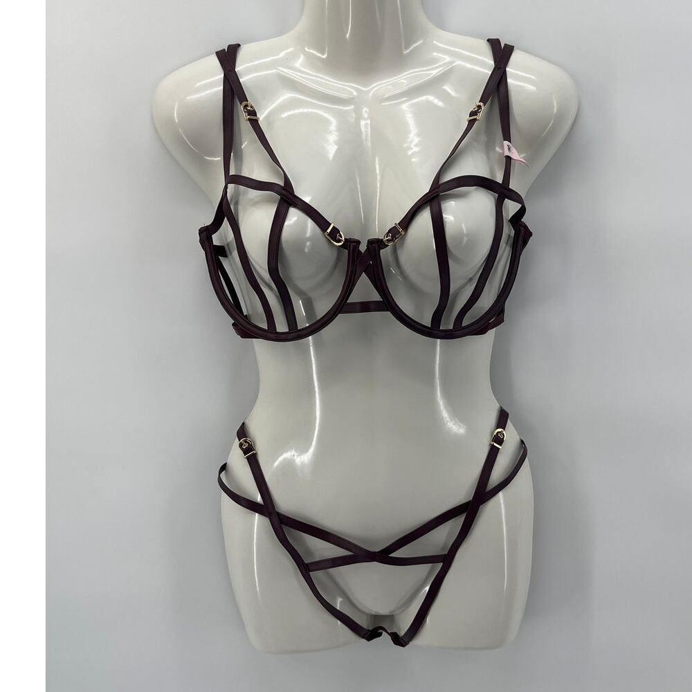 Victoria Secret Very Sexy Brown Faux Leather Lingerie Bra Panty Set S-DD/M NWT